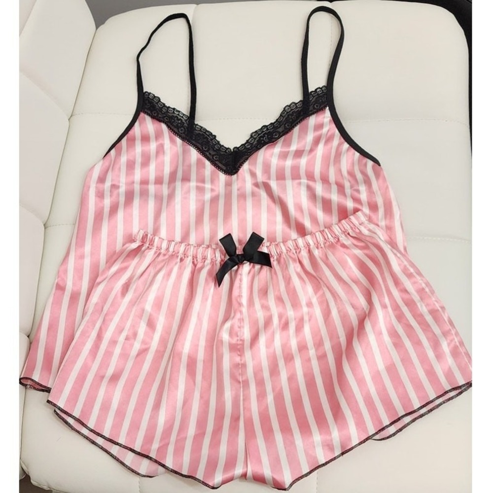 Pink White Striped Satin Pajama Set Lace Trim Cami‎ and Shorts Sleepwear Small